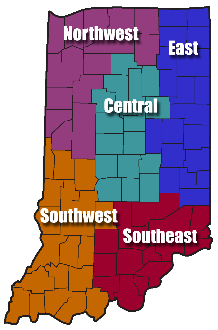 Indiana county map with color coded district regions
