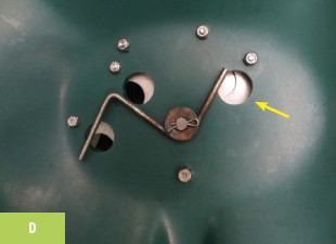 Some spreaders use the third hole to adjust the spreader pattern (A). Whether the third hole is open (A), closed (D), or somewhere in between (B-C) affects how the product is distributed onto the moving impeller.