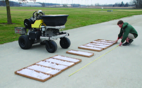 Start from the box on the left that collected half as much material as the center box. Measure the distance between that box on the left, through the center, to the corresponding box on the right (R4 to L4). This measurement is the effective spread width.