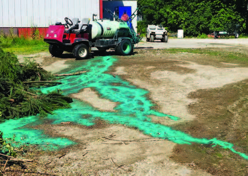 greenish material running down the hill toward a ditch.