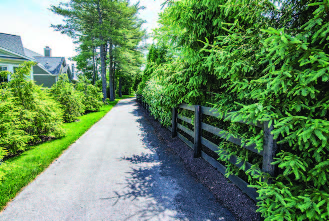 A fenced boundary lined with trees.