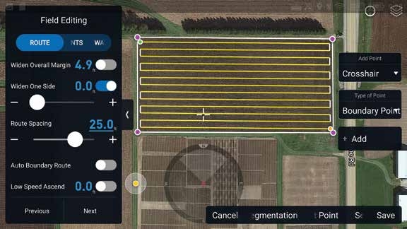 This drone is using 25 feet for an effective spray width instead of the maximum spray width. Using a reduced spray swath allows the drone to overlap between passes to achieve a more uniform application. Sprayers101.com provides an excellent explanation of the difference between maximum and effective swath widths when using spray drones.