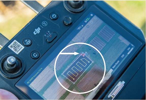 Red waypoints mark an area the drone will recognize as a “no-spray” zone.