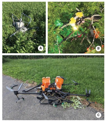 Photos A, B, and C. Unexpected landings can place drones into unwanted and unsafe landing zones, which may substantially damage drones.