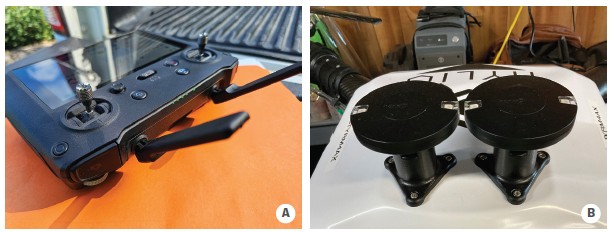 (A) This photo shows the antennae on the controller. (B) This photo shows antennae on top of the drone that receives the signal from the controller.