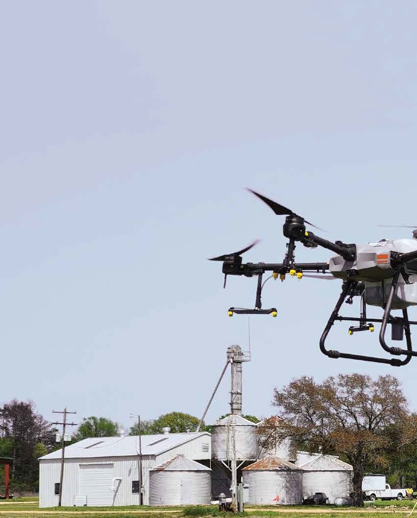 The system on this DJI Agras T30 allows operators to select standard ground equipment nozzles for spraying.