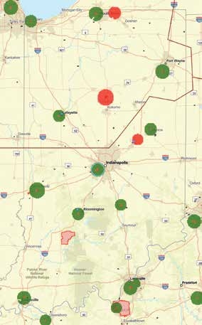 This image shows some of the airport-controlled airspace in Indiana from the FAA website faa.maps. arcgis.com. Green squares represent authorization can be obtained by a LAANC service supplier, while the areas outlined in red require using the FAA DroneZone website.