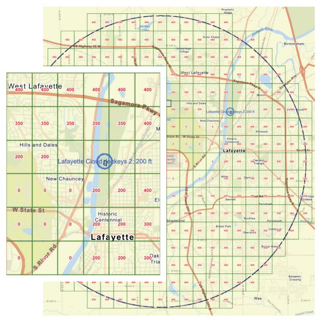 By clicking on the airport that you will be working around, the FAA website (faa.maps.arcgis.com) provides this level of detail. This is the controlled airspace for the Purdue University Airport in West Lafayette, Indiana.