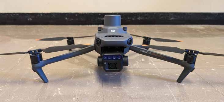 This DJI Mavic 3M has a multispectral camera, which can capture green, red, red edge, and near infrared bands. The larger gray top is the RTK receiver.