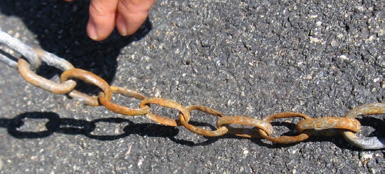 Inspect safety chains and replace them before the links get as thin or worn as the ones shown here.