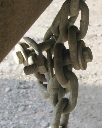 Attaching pieces of chains together with nuts and bolts is not a safe way of creating an attachment point for safety chains to the towing truck.