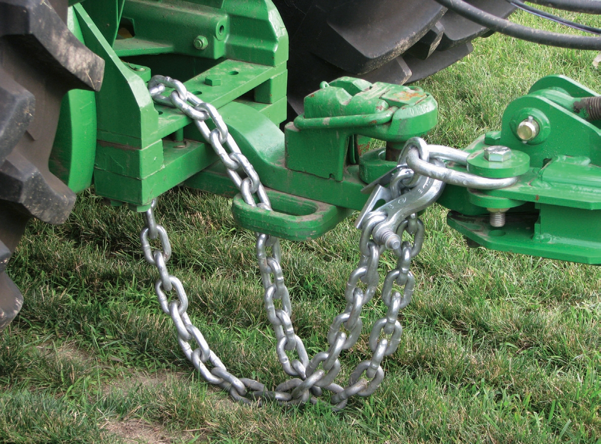 This chain is properly hooked, but needs to have the slack adjusted. One way to do this is to wrap the chain around the drawbar support.