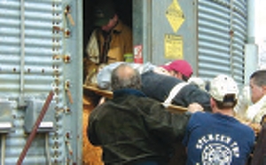 A “victim” is removed from a grain bin during a staged training drill.