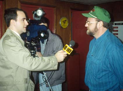 Team talking to media