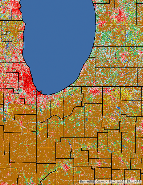 Map showing tip of Lake Michigan, Land Use Planning and Water Resources Dashboards.