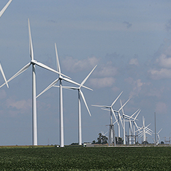Row of windmills in rural area, Renewable Energy.
