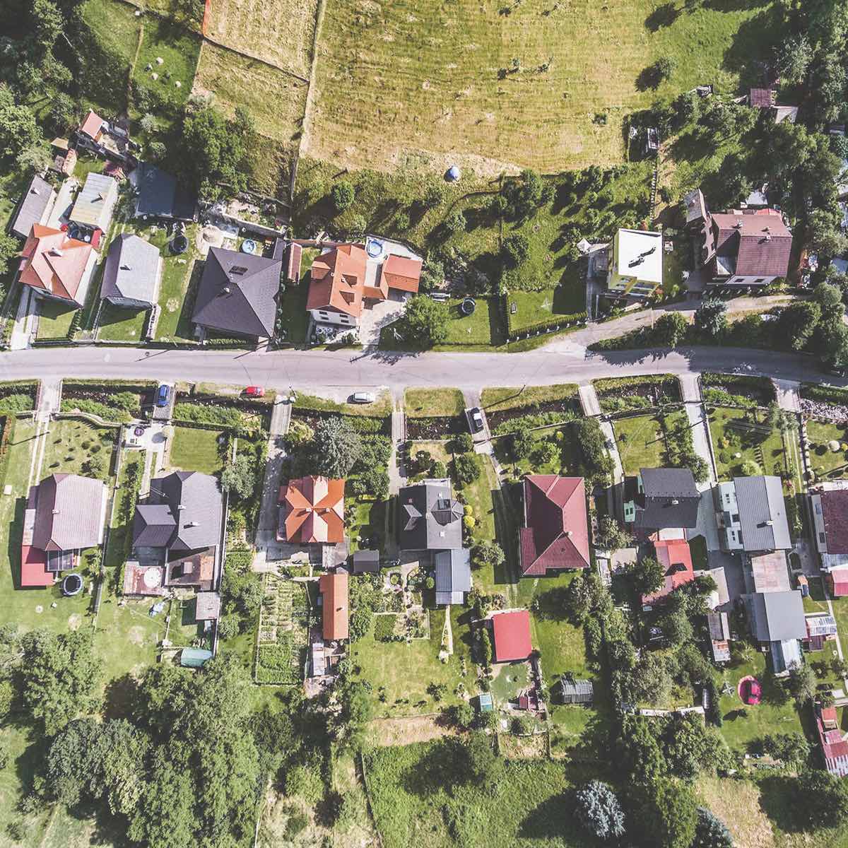 Overhead shot of a suburban neighborhood.