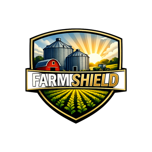 logo in the shape of a shield with a farm in the background and FARM Shield in the front on a banner