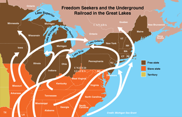 Map of Eastern United States connecting students to the Underground Railroad and Great Lakes
