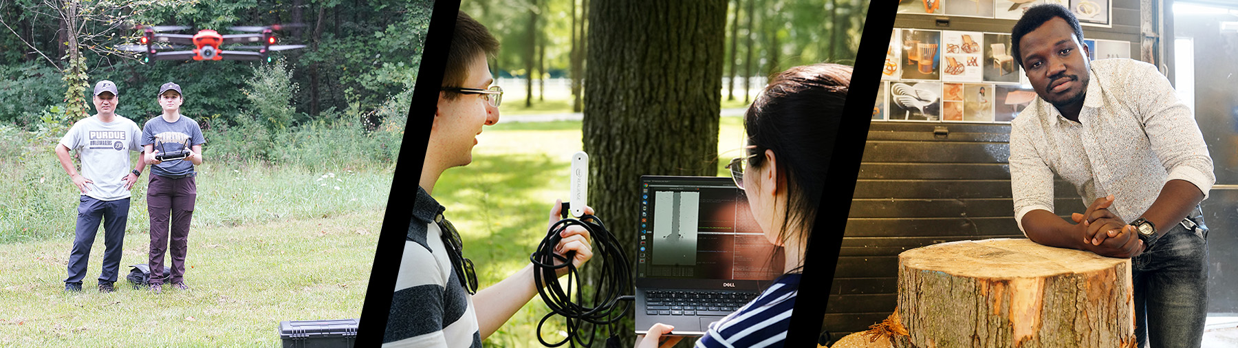 Graduate student banner with drone, tree scanner and tree trunk.