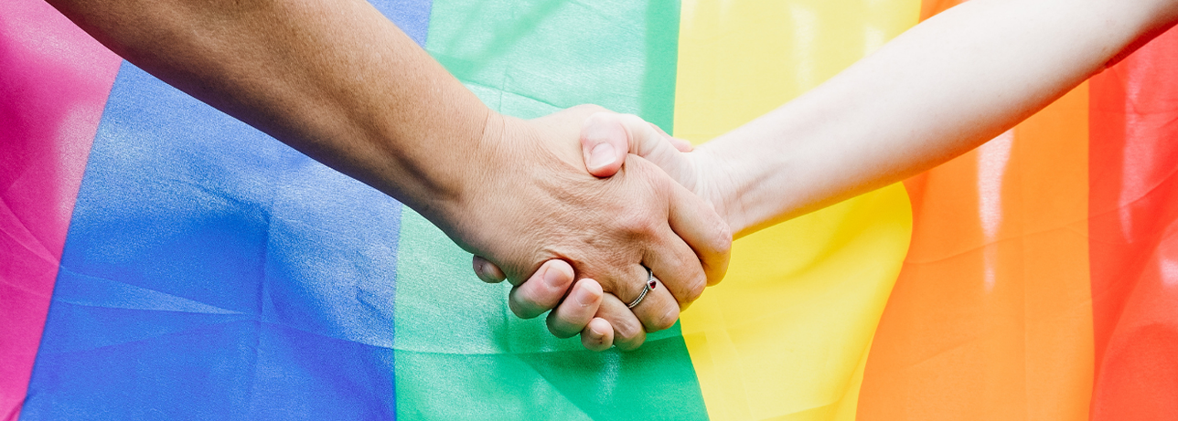 Two people holding hands in front of a rainbow flag