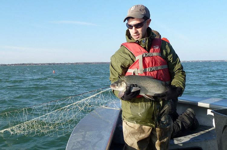 Staff in boat on the Great Lakes holding fish, Illinois-Indiana Sea Grant.