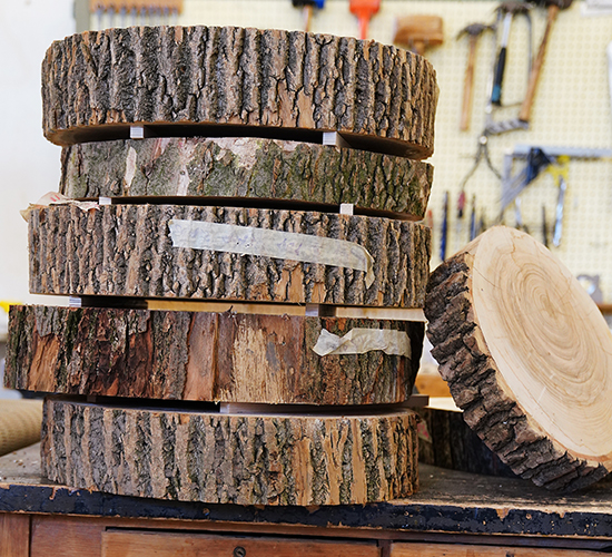 Stack of wood slices in FNR wood products lab.