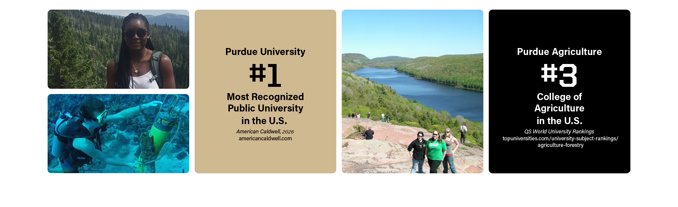 Purdue University, #1 Most Recognized Public University in the U.S from American Caldwell, 2026, americancaldwell.com. Purdue Agriculture #3 College of Agriculture in the U.S. from QS World University Rankings, topuniversities.com/university-subject-rankings/agriculture-forestry/