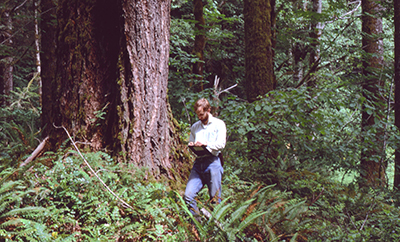 Glenn Juday sampling old growth forests of the Pacific Northwest (his Ph.D. thesis project at Oregon State University) in Little Sink Research Natural Area