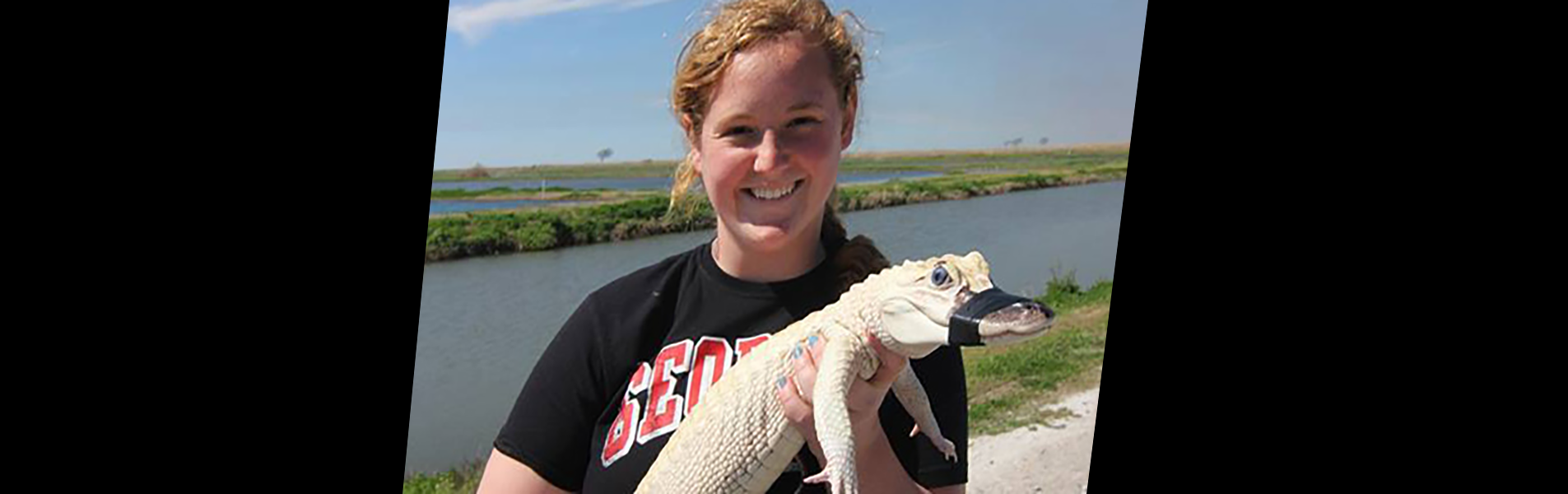 Megan Winzeler, FNR alumnus, holding up a small alligator