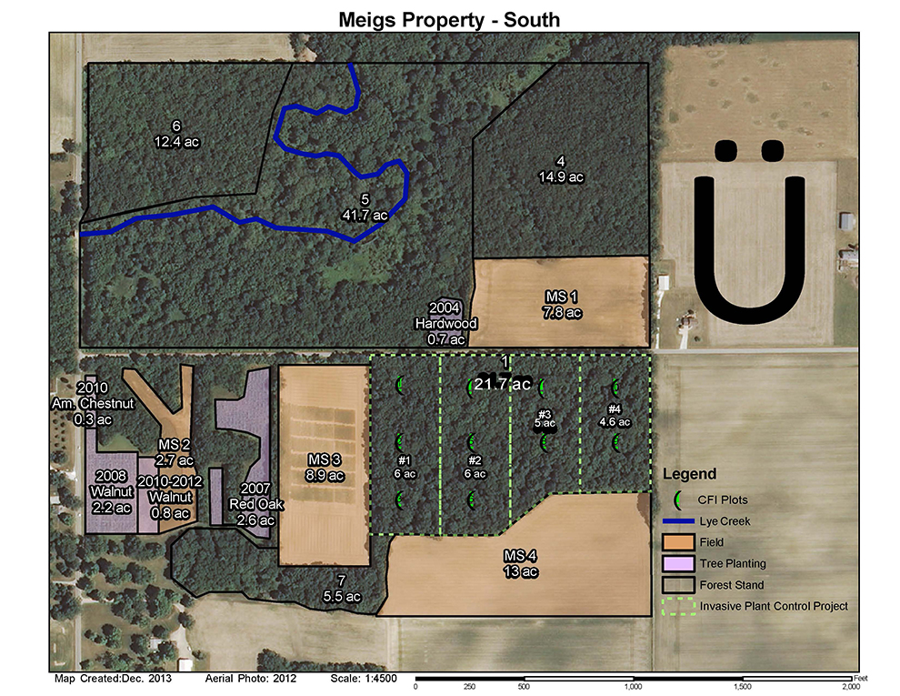 Ariel view of the south side of the Meigs property. It is  to the east of the E 100 S and shows many areas of land. The area is split by the E 1000 S. The north of the E 1000 S includes forest stand area 6 (12.4 ac), forest stand area 5 (41.7 ac), forest stand area 4 (14.9 ac), 2004 Hardwood tree planting area (0.7 ac), Field MS 1 (7.8 ac). The south of the E 1000 S includes 2010 Am. Chestnut tree planting area (0.3 ac), 2008 Walnut tree planting area (2.2 ac), 2010 to 2012 Walnut tree planting area (0.8 ac), Field MS 2 (2.7 ac), 2007 Red Oak tree planting area (2.6 ac), Field MS 3 (8.9 ac), forest stand area 7 (5.5 ac), field MS 4 (13 ac), and forest stand area 1 (21.7 ac). Forest stand area is broken up into four sections for the invasive plant control project. This includes section 1 (6 ac and 3 CFI plots), section 2 (6 ac and 3 CFI plots), section 3 (5 ac and 2 CFI plots), section 4 (4.6 ac and 2 CFI plots).