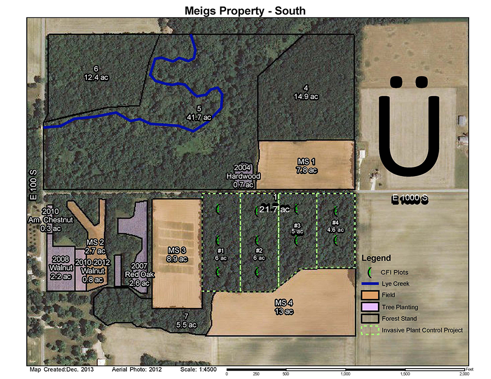 Ariel view of the south side of the Meigs property. It is  to the east of the E 100 S and shows many areas of land. The area is split by the E 1000 S. The north of the E 1000 S includes forest stand area 6 (12.4 ac), forest stand area 5 (41.7 ac), forest stand area 4 (14.9 ac), 2004 Hardwood tree planting area (0.7 ac), Field MS 1 (7.8 ac). The south of the E 1000 S includes 2010 Am. Chestnut tree planting area (0.3 ac), 2008 Walnut tree planting area (2.2 ac), 2010 to 2012 Walnut tree planting area (0.8 ac), Field MS 2 (2.7 ac), 2007 Red Oak tree planting area (2.6 ac), Field MS 3 (8.9 ac), forest stand area 7 (5.5 ac), field MS 4 (13 ac), and forest stand area 1 (21.7 ac). Forest stand area is broken up into four sections for the invasive plant control project. This includes section 1 (6 ac and 3 CFI plots), section 2 (6 ac and 3 CFI plots), section 3 (5 ac and 2 CFI plots), section 4 (4.6 ac and 2 CFI plots).