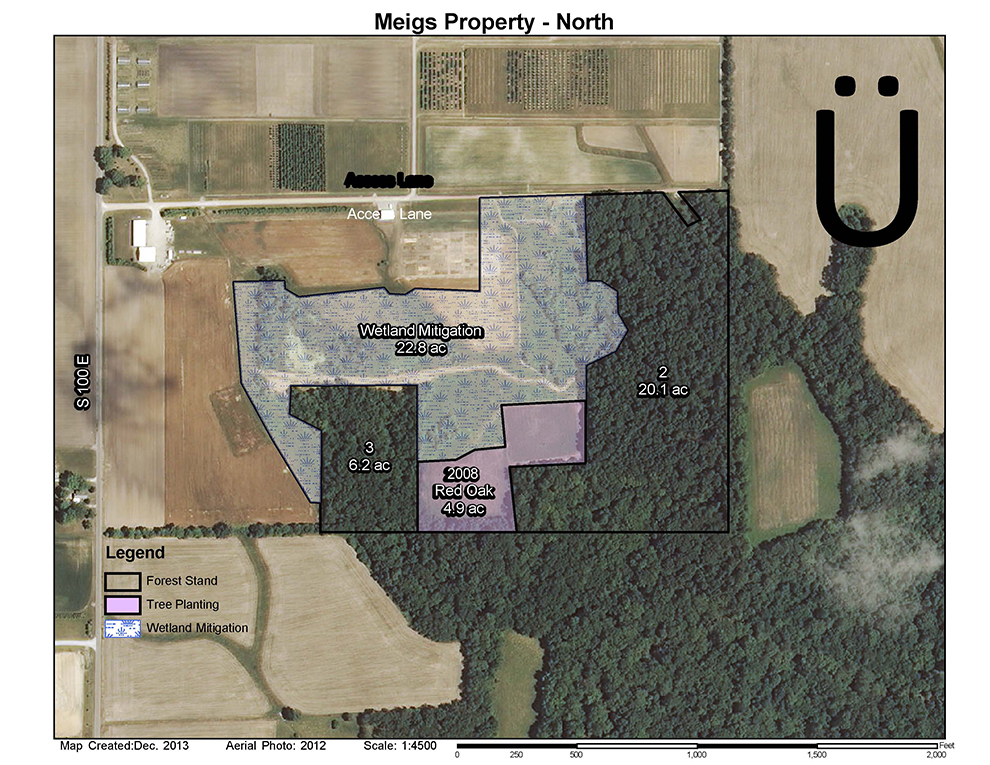 Ariel view of the North side of the Meigs Property. It is to the East of S 100 E and shows many areas of land. This includes the Access lane, the Wetland Mitigation (22,8 ac), forest stand area 2 (20.1 ac), forest stand area 3 (6.2 ac), and the 2008 Red Oak tree planting area (4.9 ac).