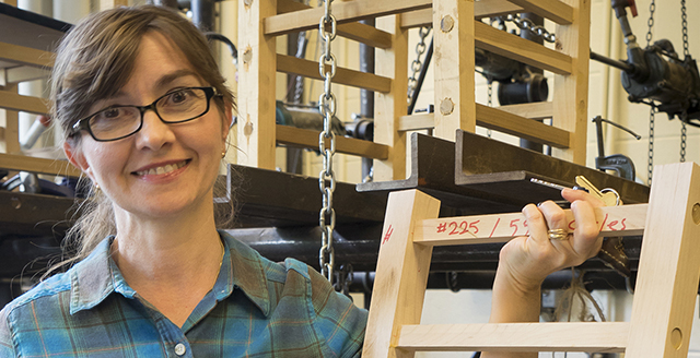 Dr. Eva Haviarova, professor of wood science, poses in the Forest Products building.
