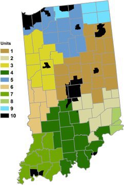 Indiana map with deer management units.
