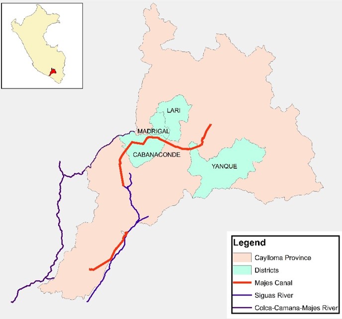 Map of four agricultural districts in Colca Canyon in the Caylloma province of Peru.