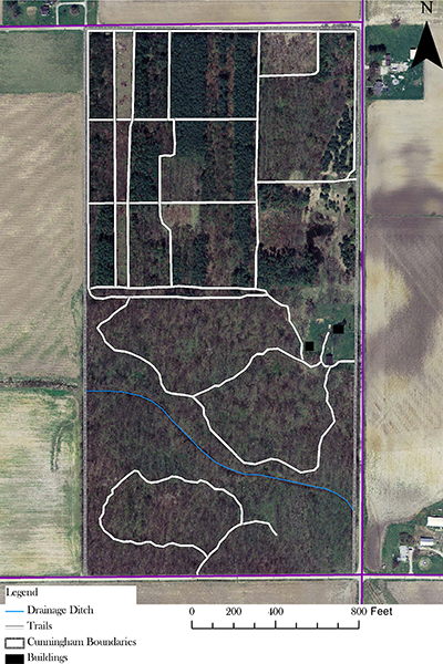An aerial map of Cunningham Forest.