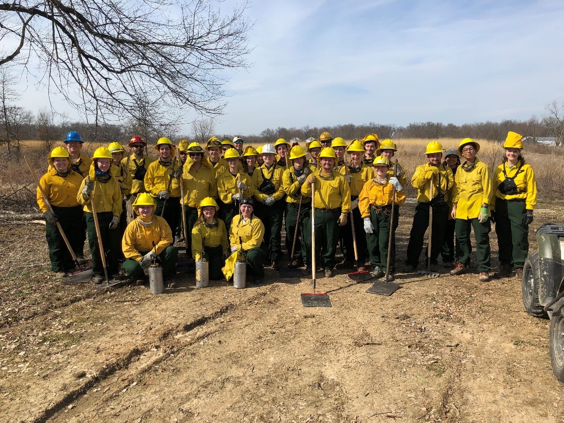 Students and staff in fire gear for prescribed fire burn, Purdue Wildlife Area