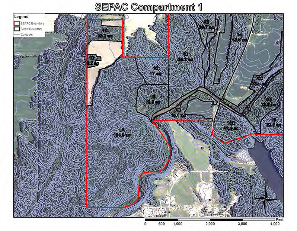 Ariel view of the Southeastern Indiana Purdue Ag Center compartment 1. This image shows the areas, the Southeastern Indiana PAC boundary, the stand boundary, and the contours of the areas.