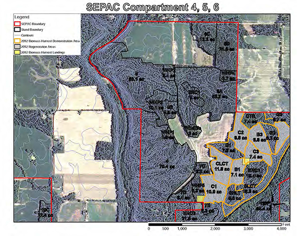 Ariel view of the Southeastern Indiana Purdue Ag Center compartment 4, 5, and 6. This image shows the areas, the Southeastern Indiana PAC boundary, the stand boundary, the contours of the areas, the 2012 biomass harvest demonstration area, the 2012 Regeneration areas, and the 2012 biomass harvest landings.