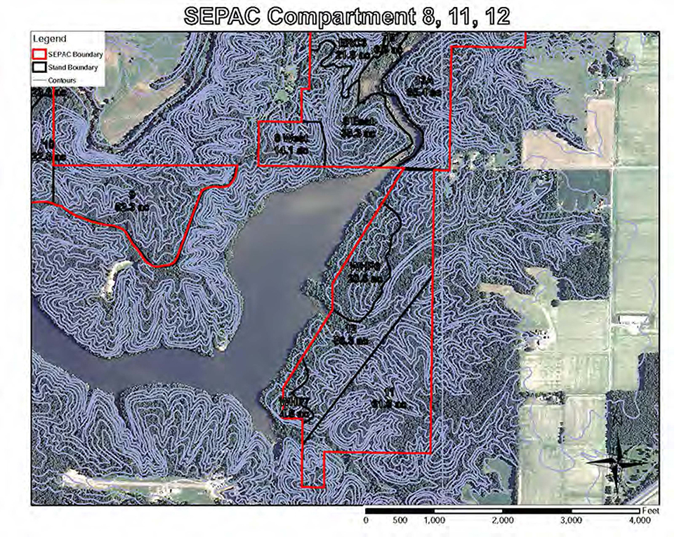 Ariel view of the Southeastern Indiana Purdue Ag Center compartment 8, 11, and 12. This image shows the areas, the Southeastern Indiana PAC boundary, the stand boundary, and the contours of the areas.