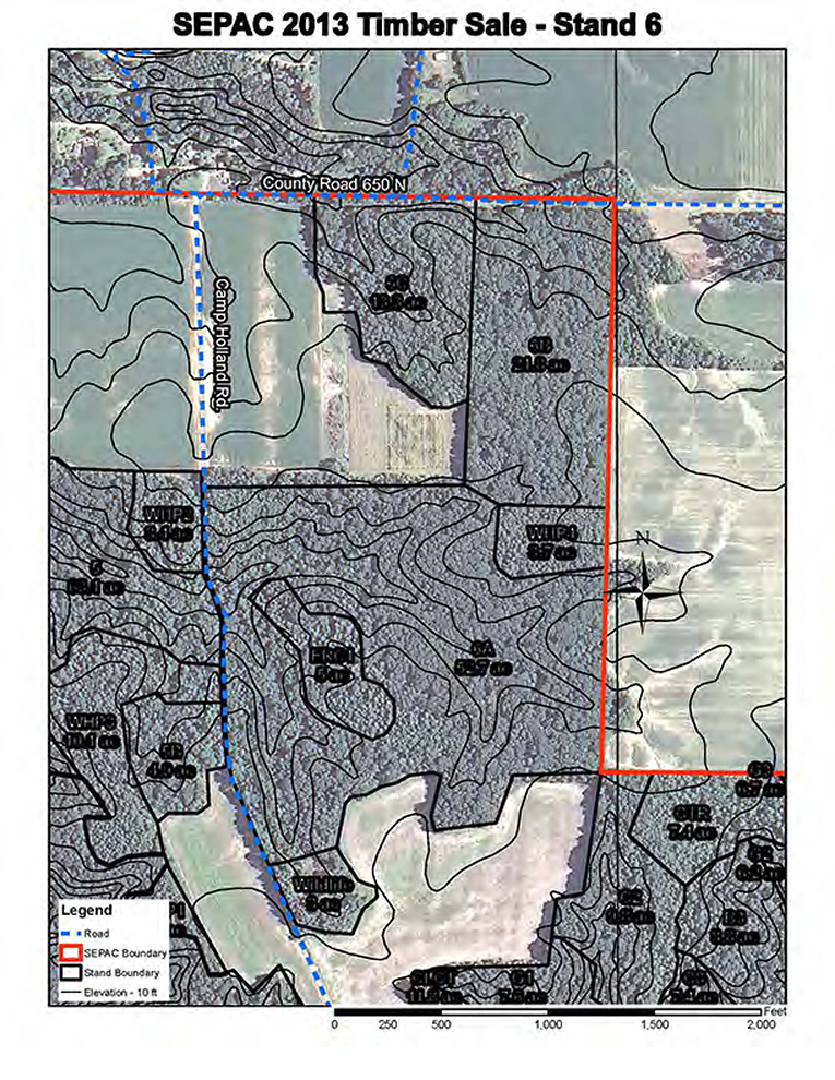 Ariel view of the Southeastern Indiana Purdue Ag Center compartment 1. This image shows the areas, the road, the Southeastern Indiana PAC boundary, the stand boundary, and the elevation of the area.