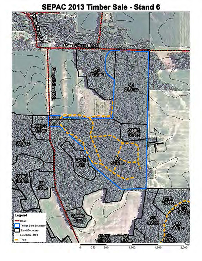 Ariel view of the Southeastern Indiana Purdue Ag Center 2013 Timber Sale Stand 6. This image shows the areas, the roads, timer sale boundaries, the stand boundary, the elevation, and the trails.