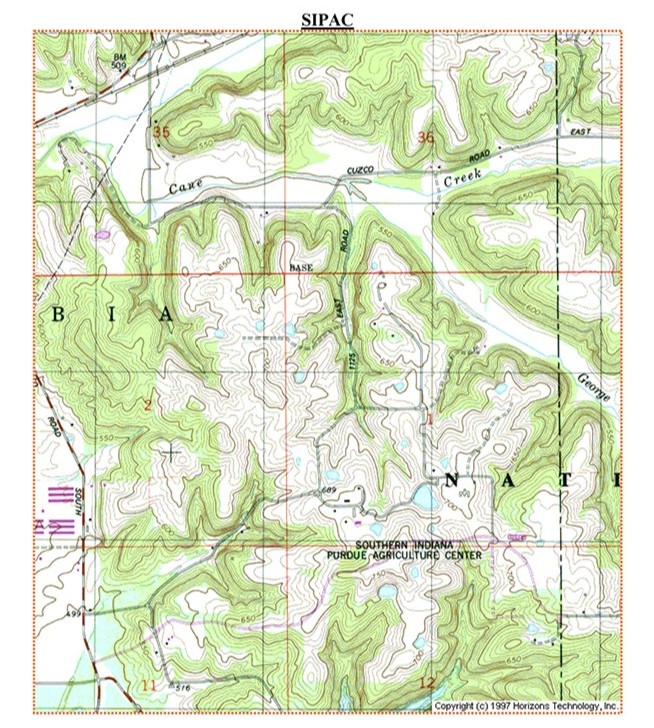 Ariel view of a map of the Southern Indiana Purdue Ag Center showing the topography of the area. 