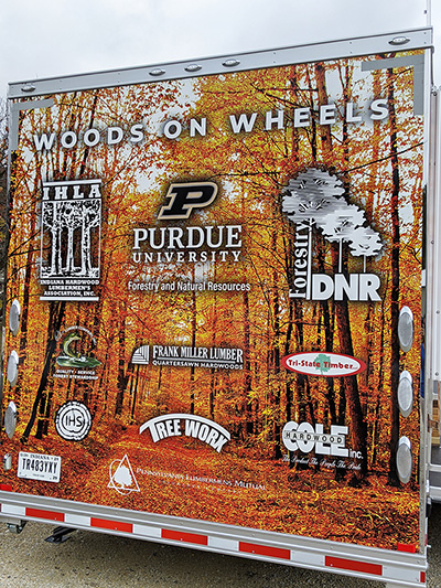 Woods on Wheels travel exhibit, back of trailer with sponsors..