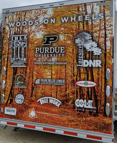 Woods on Wheels travel exhibit back of trailer.