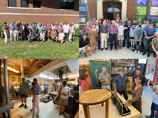 Wood Research Lab alumni gathering August 27, 2022, collage of alumni group photo and viewing the finished wood projects.