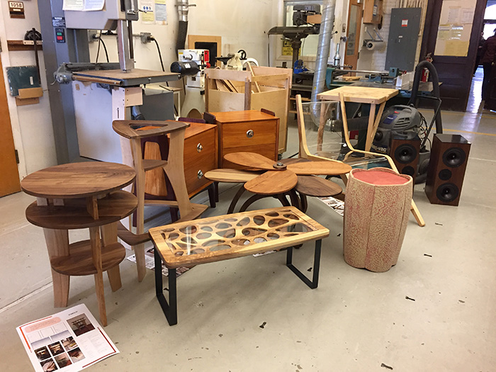 Samples of student's furniture designs in the Wood Research Laboratory.