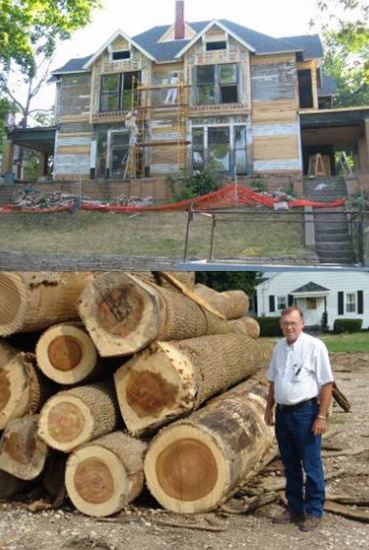 House being built with yellow poplar along with another photo below of Dr. Cassends stadnign by large logs.