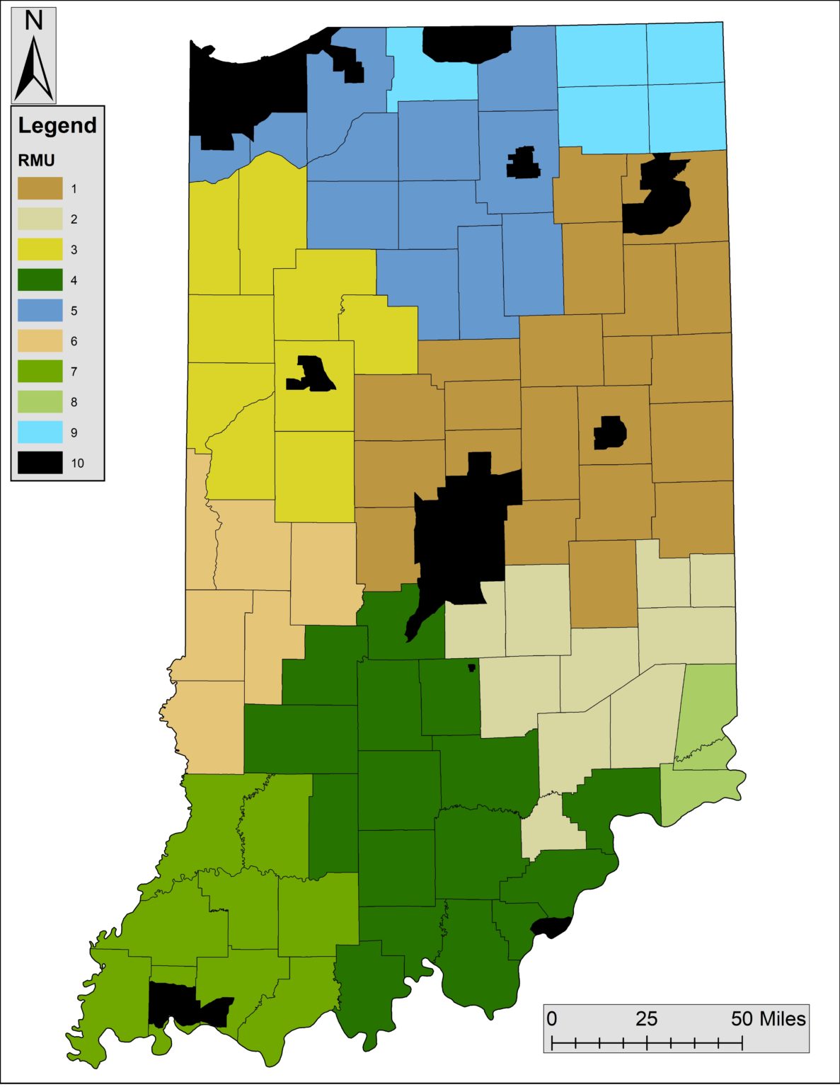 Indiana state map showing all counties and ten colored coded Research Management Units